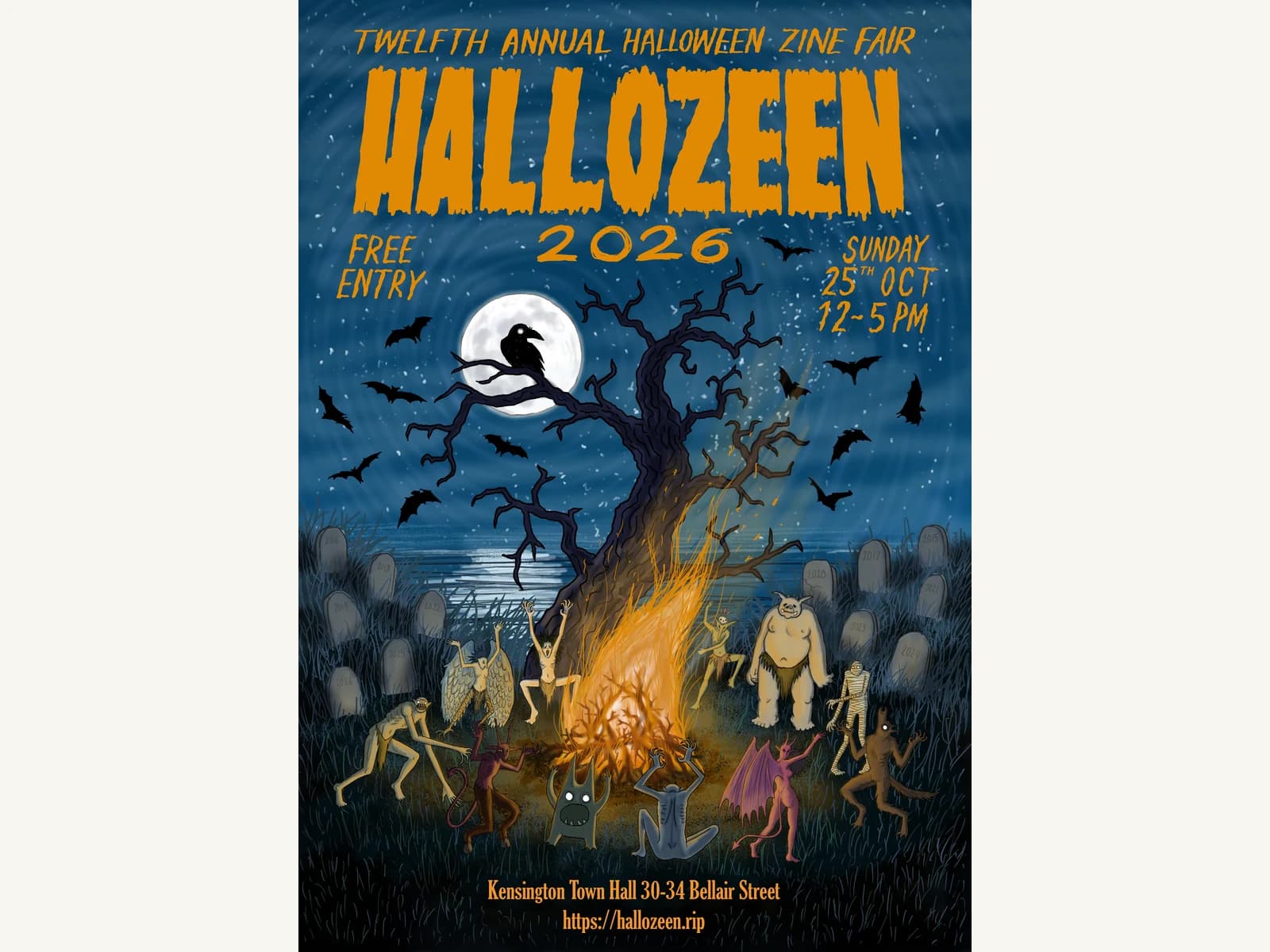 Hallozeen 2026 illustrated poster by Remi Watson, showing Halloween characters around a bonfire