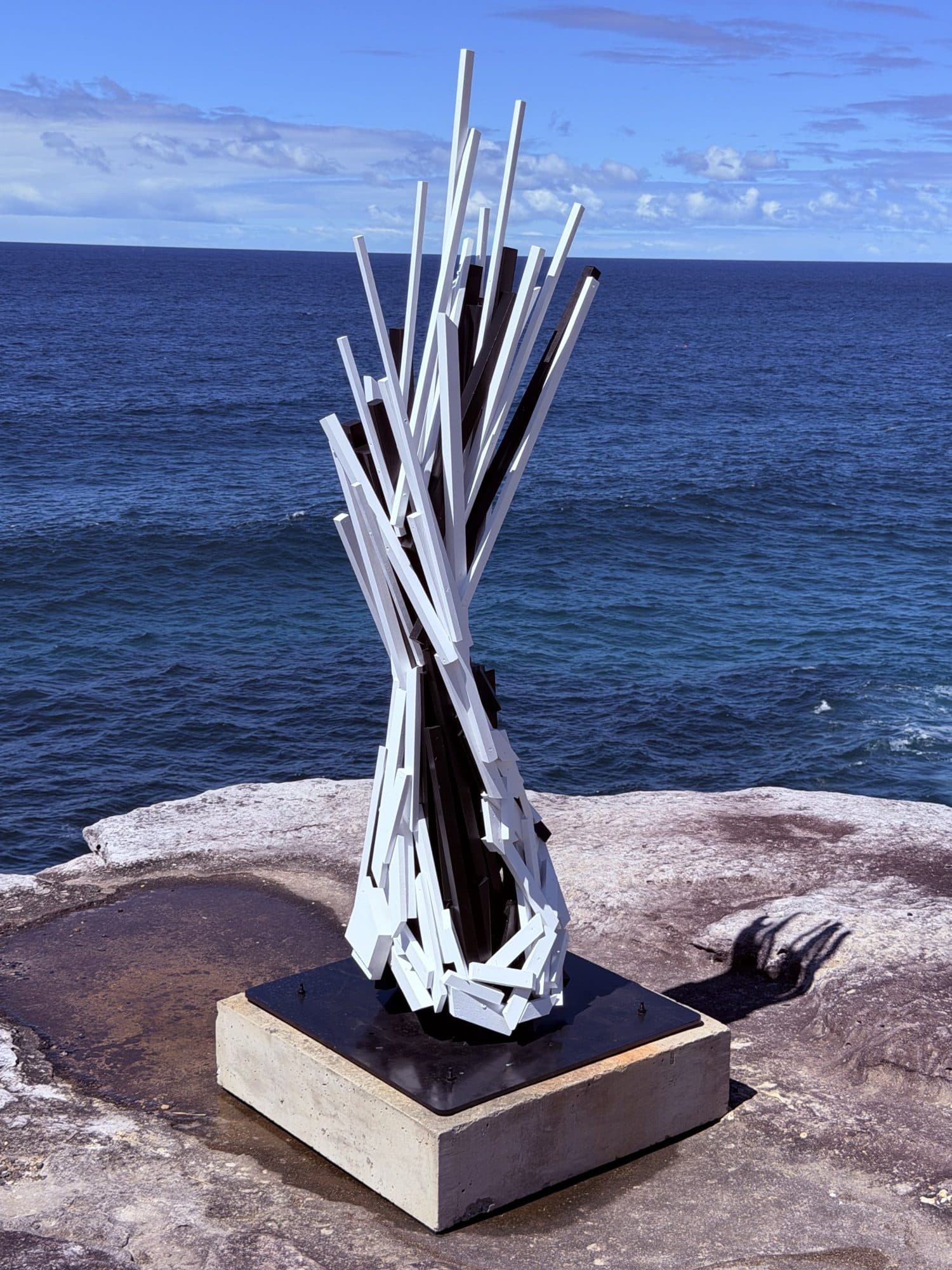 Elyssa Sykes-Smith's Seed: white and black timber shards bursting upward from a plinth on a sandstone ledge, deep blue ocean behind