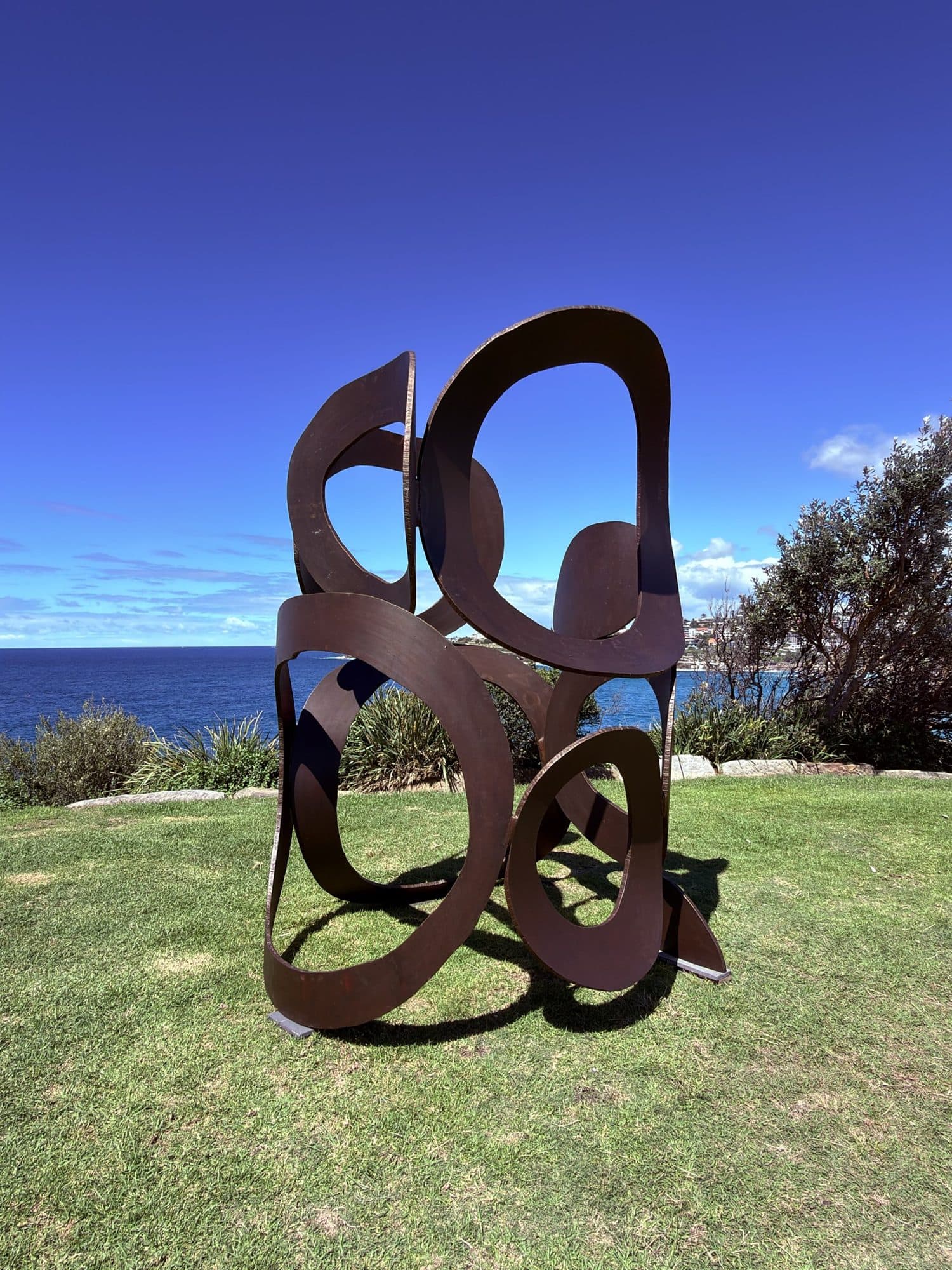 James Rogers' Solander: open loops of dark rusted steel on the grass, with the ocean on the horizon